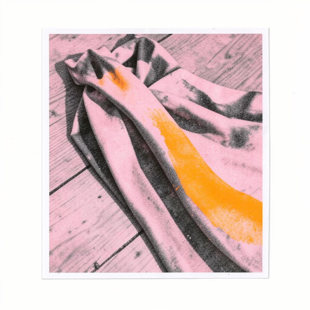 A two-ink risograph print in muted rose and charcoal, showing a silk scarf with flowing painterly marks, draped across a wooden surface.