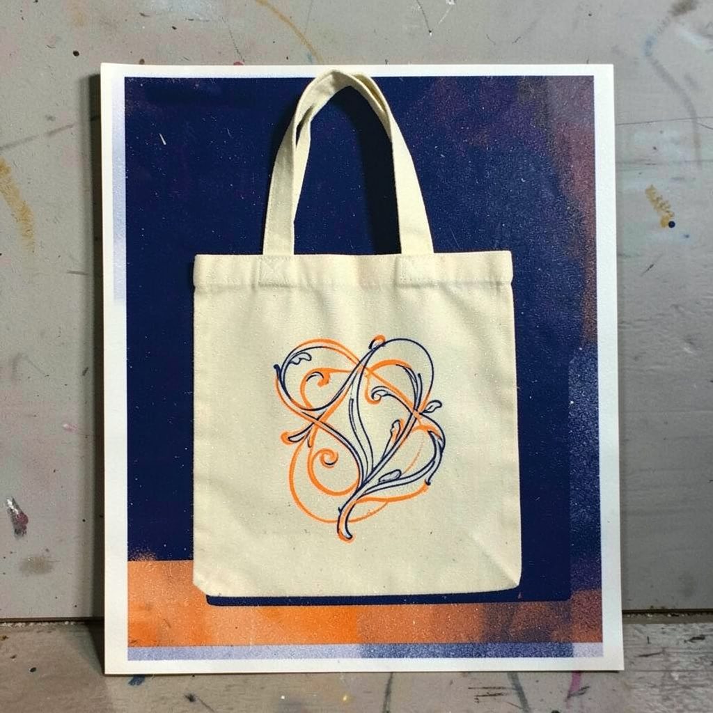 A two-ink risograph print in deep indigo and pale gold, depicting a canvas tote bag with an elegant line-drawing motif, resting on a studio table.