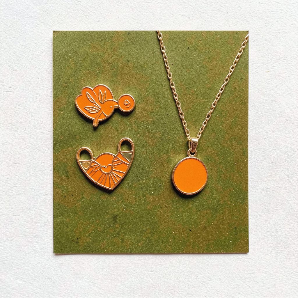 A two-ink risograph print in olive green and warm ochre, featuring a set of art-inspired enamel pins and a delicate pendant necklace on textured paper.