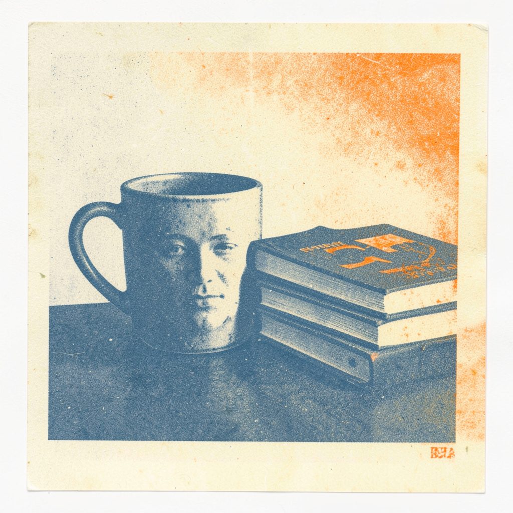 A two-ink risograph print in slate blue and cream, showing a ceramic mug with a subtle portrait silhouette, placed beside a stack of art books.