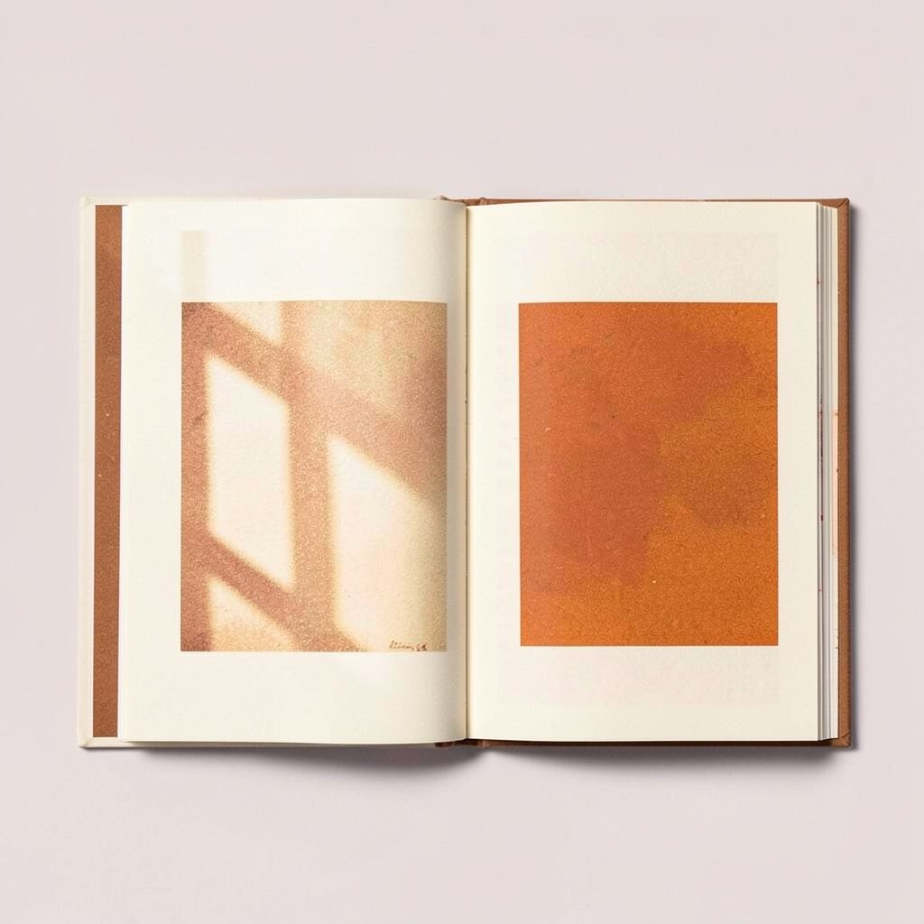 A two-ink risograph print in burnt sienna and pale cream, showing a hardcover art book open to a gallery plate, with soft window light across the pages.