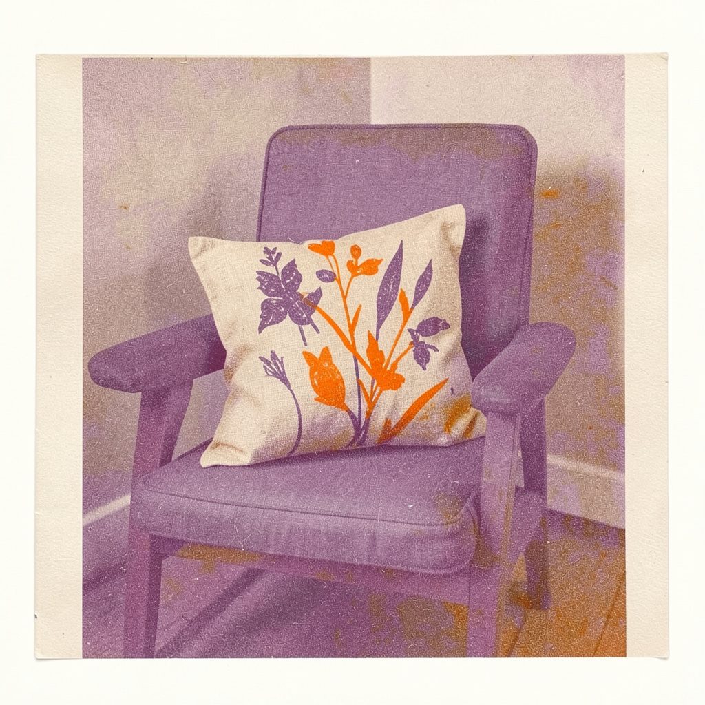 A two-ink risograph print in dusty lavender and warm beige, depicting a linen pillow with an abstract botanical print, resting on a reading chair.