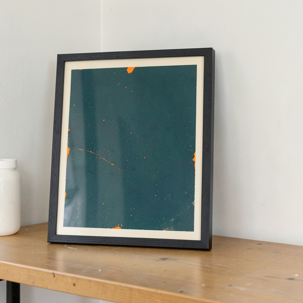 A two-ink risograph print in deep teal and warm ivory, featuring a gallery wall print in a simple frame, leaning against a studio shelf.
