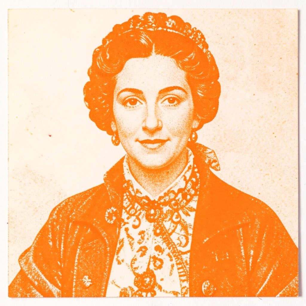 A two-ink risograph print in terracotta and deep brown on warm paper, showing a woman at an easel painting her own reflection, intimate and self-possessed.