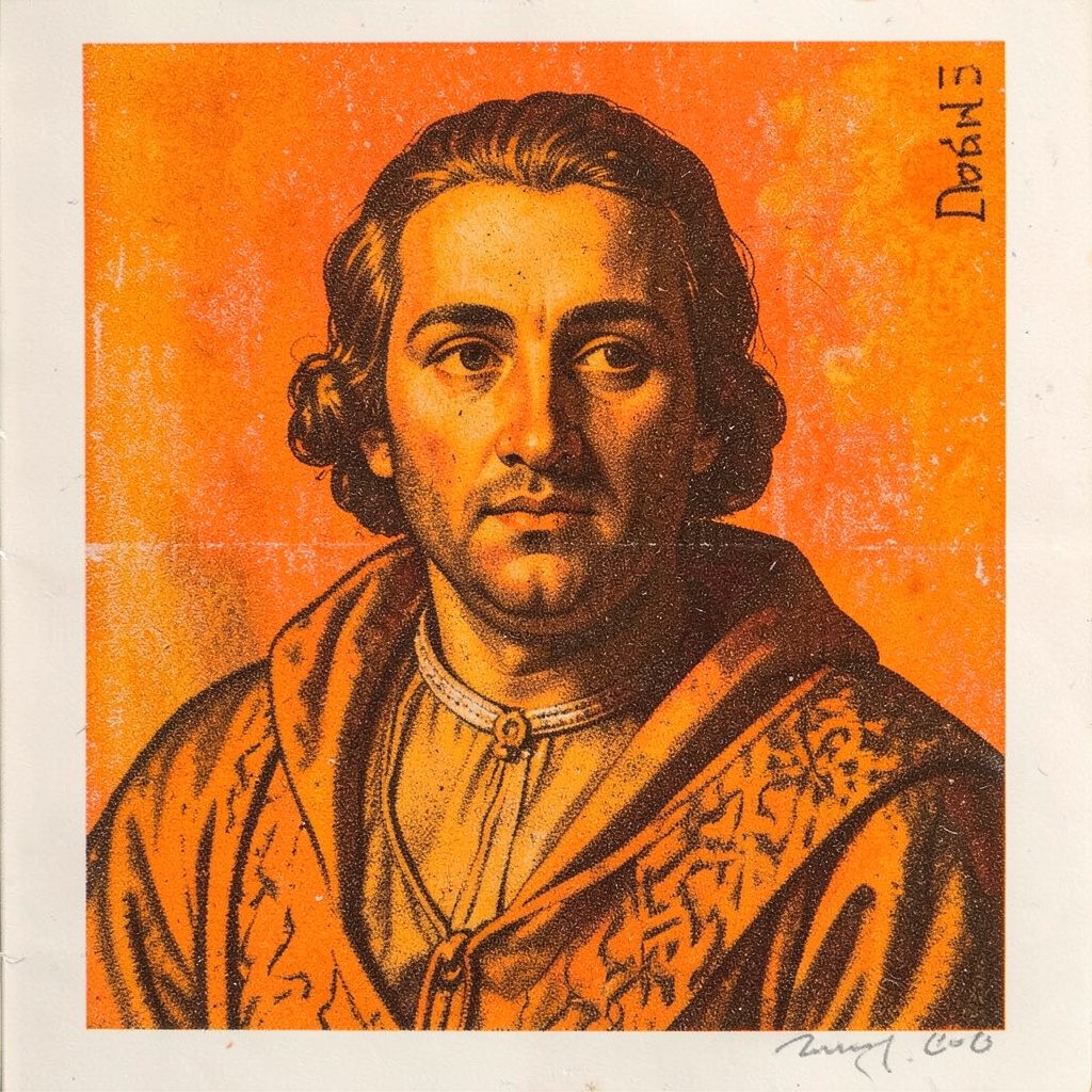 A small two-ink risograph print in terracotta and charcoal, showing a Renaissance-era portrait with delicate linear detail.