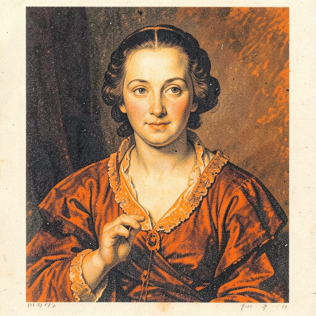 A two-ink risograph print in burnt orange and charcoal on cream stock, depicting a woman seated between allegorical figures of music and painting, rendered with neoclassical poise.
