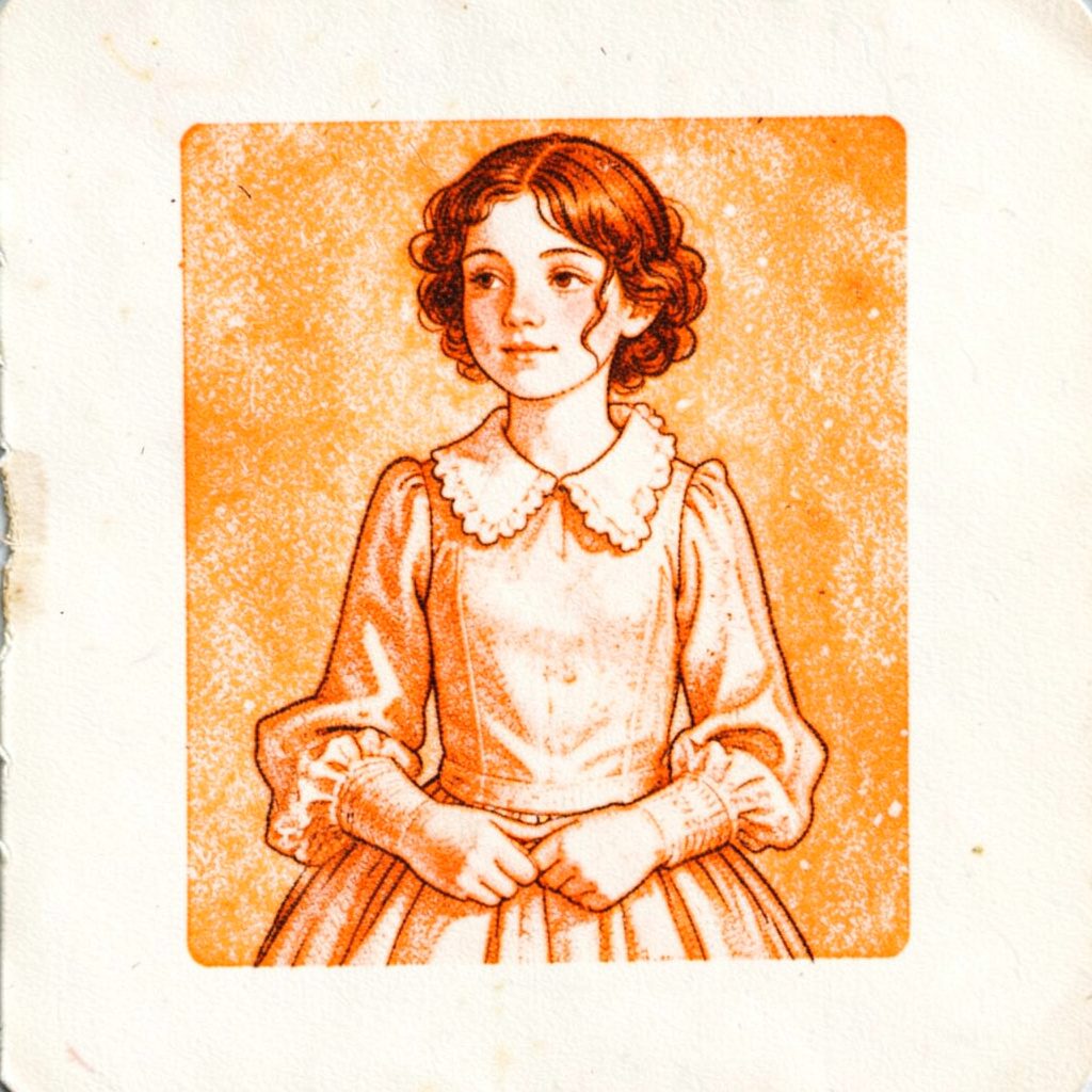 A small two-ink risograph print in rust and charcoal, showing a young woman in a quiet interior, contemplative and softly lit.